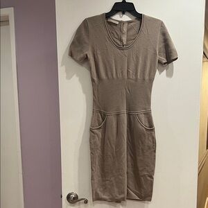 Stefanel Taupe Knit Short-Sleeve Mini Dress